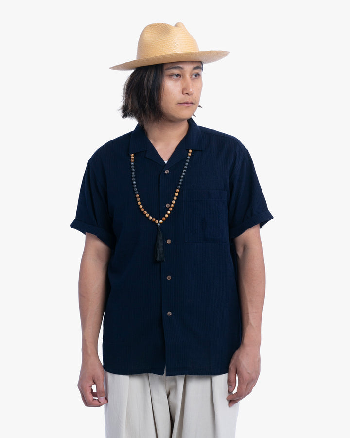 ToK Shirt, Short Sleeve Button-Up, Open Collar, Chijimi Weave Indigo Shima