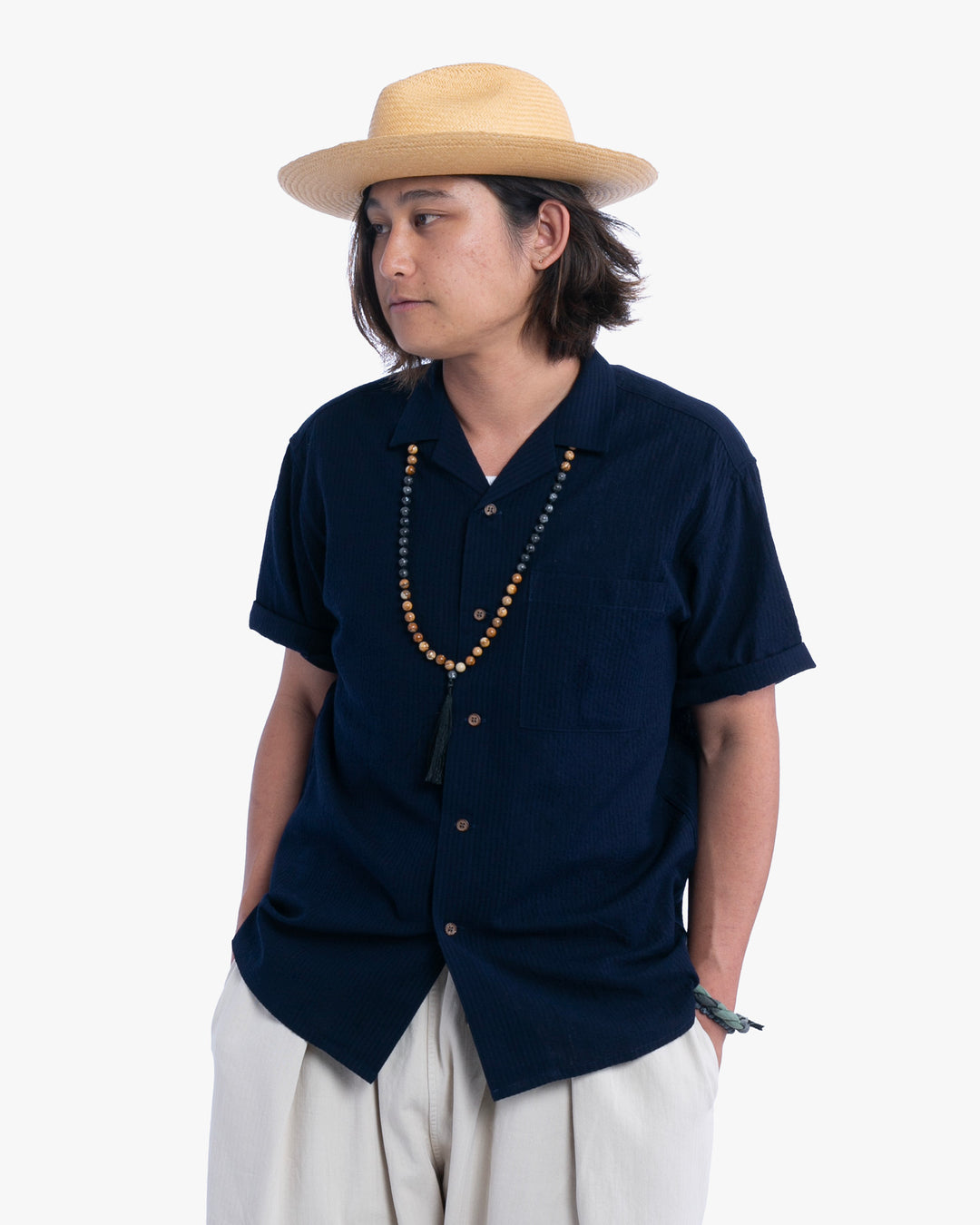 ToK Shirt, Short Sleeve Button-Up, Open Collar, Chijimi Weave Indigo Shima
