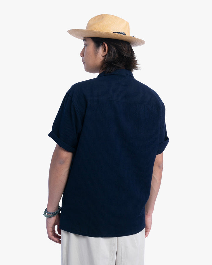 ToK Shirt, Short Sleeve Button-Up, Open Collar, Chijimi Weave Indigo Shima