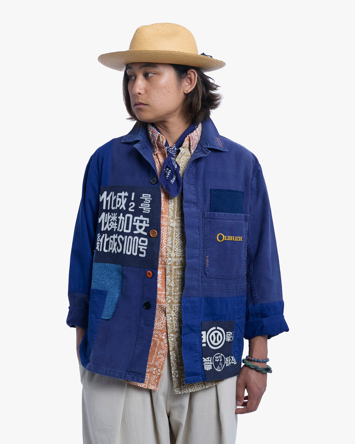 Kiriko Custom, One of a Kind Patched French Workman Jacket, Blue Patched Apron Fabric - 4