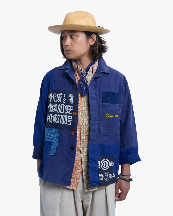 Kiriko Custom, One of a Kind Patched French Workman Jacket, Blue Patched Apron Fabric - 4
