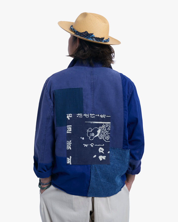 Kiriko Custom, One of a Kind Patched French Workman Jacket, Blue Patched Apron Fabric - 4