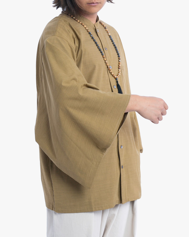 Wa-Modern, Long Sleeve Button Up Tunic, Embroidered, Khaki