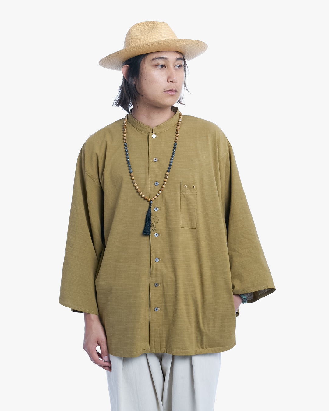 Wa-Modern, Long Sleeve Button Up Tunic, Embroidered, Khaki