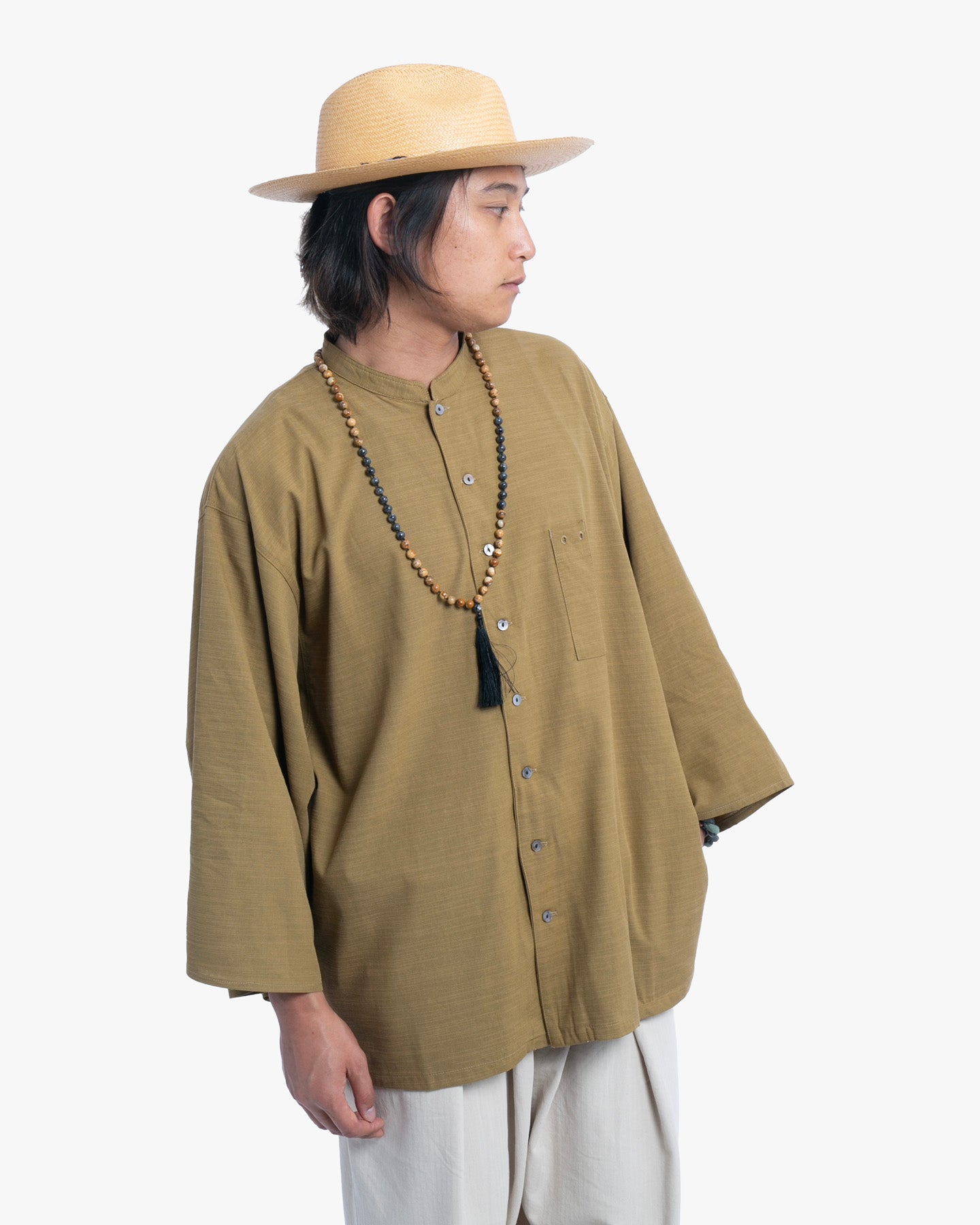 Wa-Modern, Long Sleeve Button Up Tunic, Embroidered, Khaki