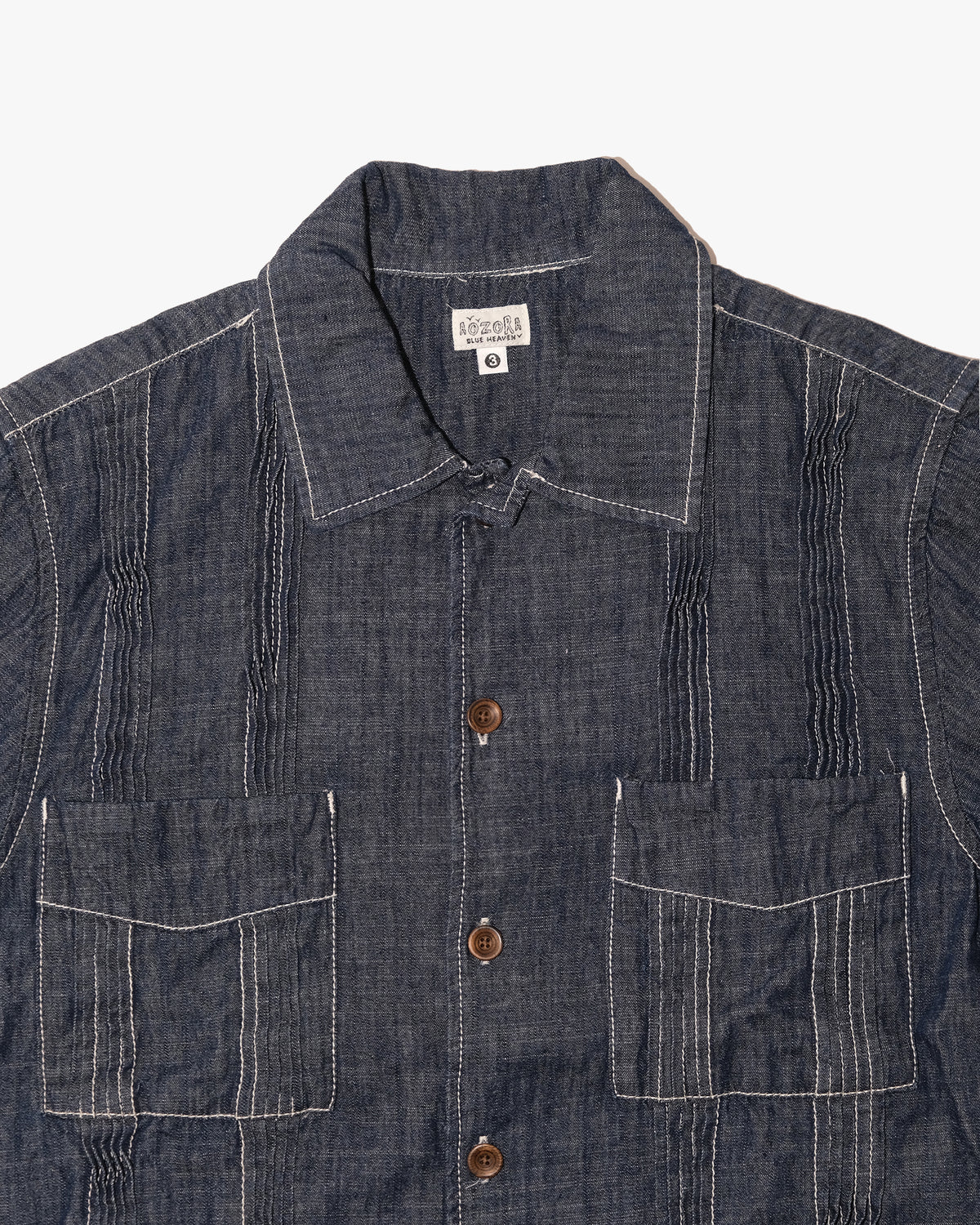 Japanese Repro Short-Sleeve Shirt, M, Aozora, Dark Wash Denim with Pintuck Details
