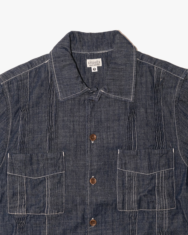Japanese Repro Short-Sleeve Shirt, M, Aozora, Dark Wash Denim with Pintuck Details