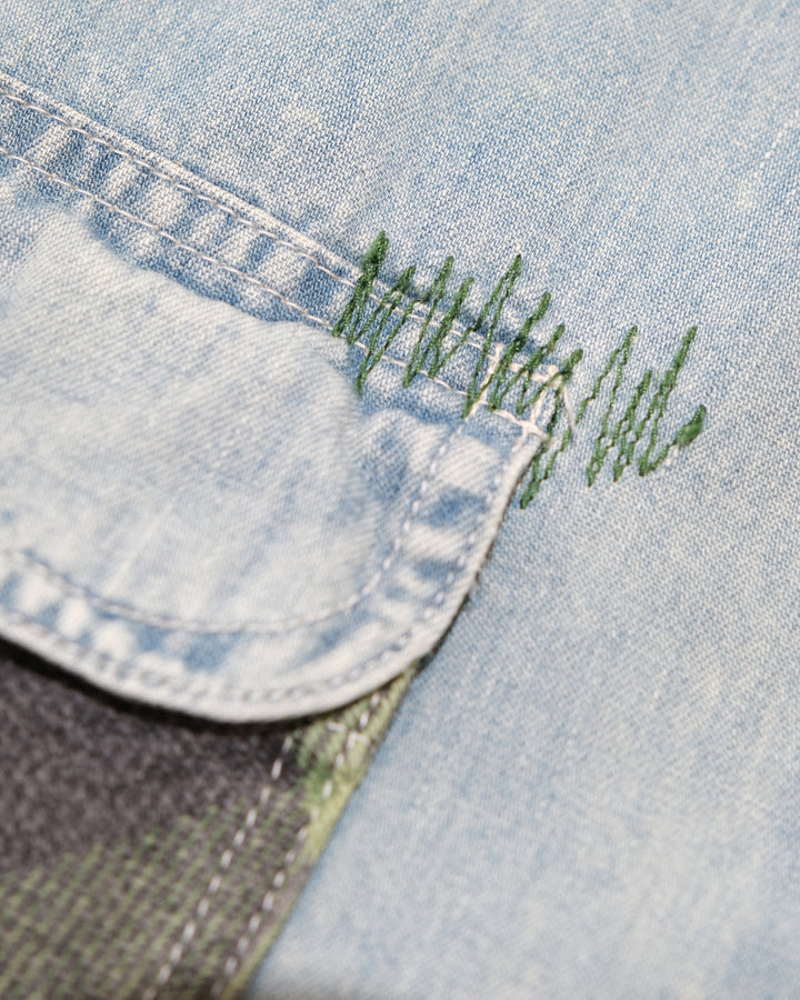 Japanese Repro Long-Sleeve Shirt, L, Sugar Cane, Light Wash Blue Denim with Patches