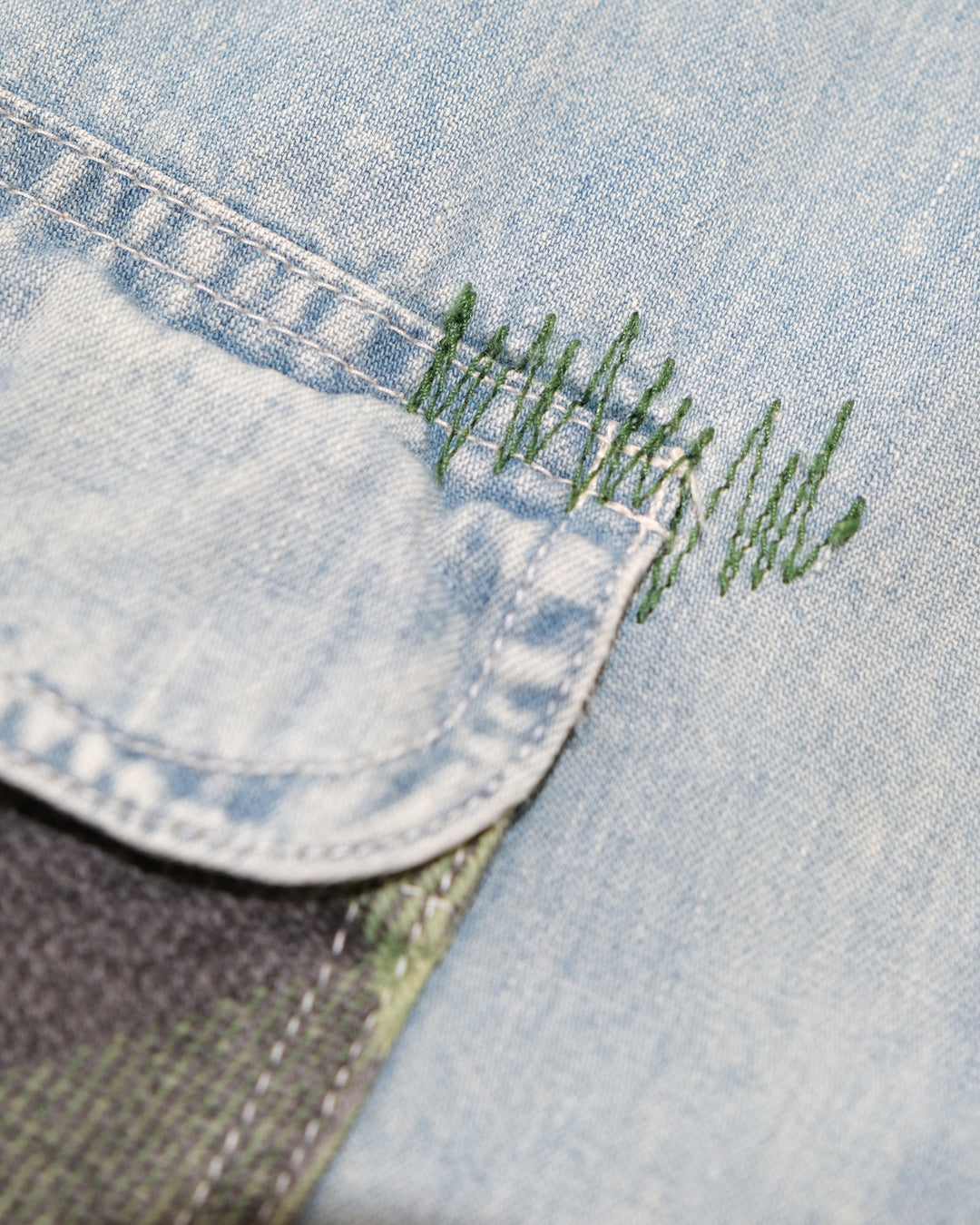 Japanese Repro Long-Sleeve Shirt, L, Sugar Cane, Light Wash Blue Denim with Patches