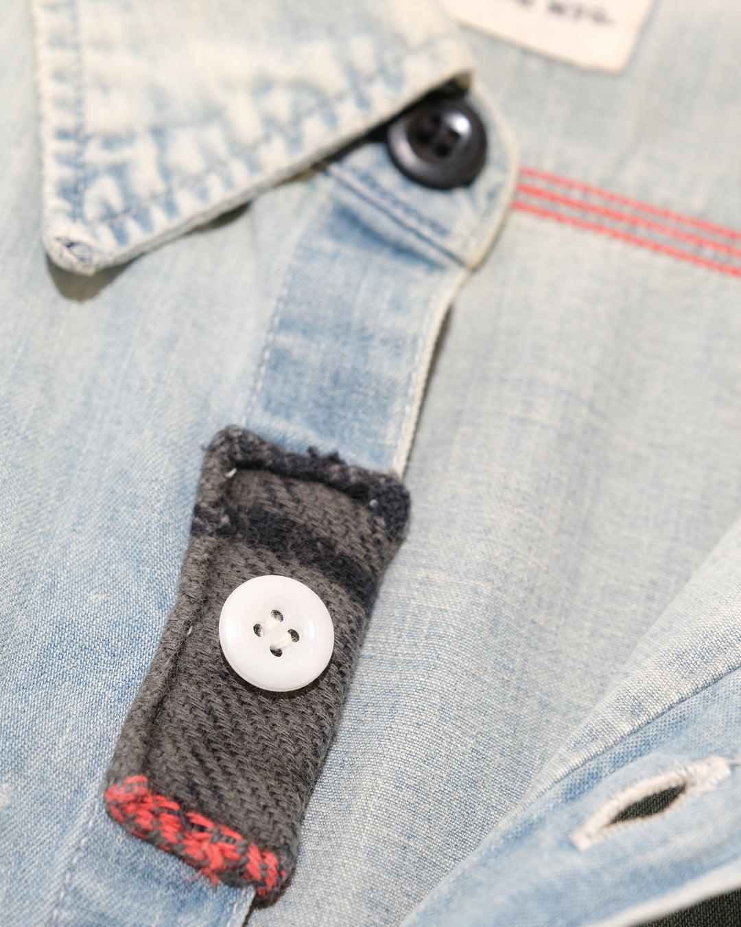 Japanese Repro Long-Sleeve Shirt, L, Sugar Cane, Light Wash Blue Denim with Patches