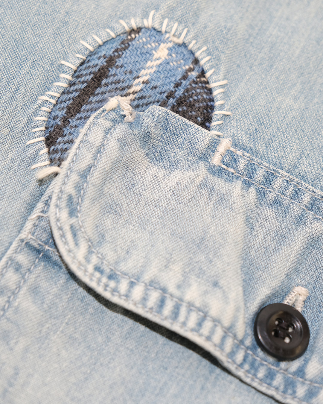 Japanese Repro Long-Sleeve Shirt, L, Sugar Cane, Light Wash Blue Denim with Patches