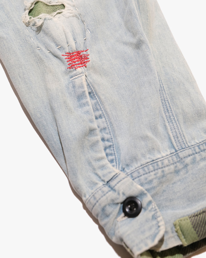 Japanese Repro Long-Sleeve Shirt, L, Sugar Cane, Light Wash Blue Denim with Patches