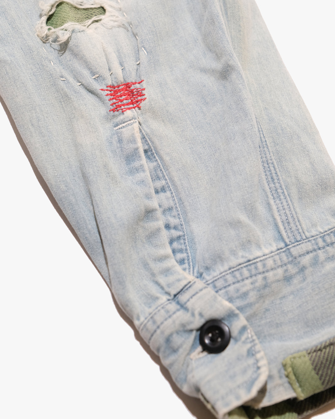 Japanese Repro Long-Sleeve Shirt, L, Sugar Cane, Light Wash Blue Denim with Patches