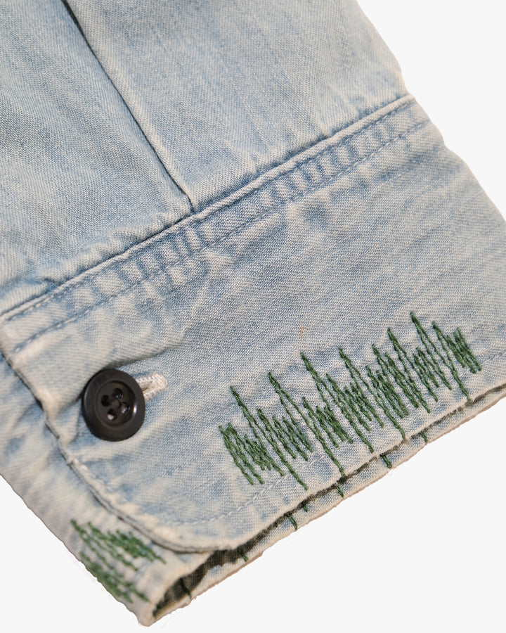 Japanese Repro Long-Sleeve Shirt, L, Sugar Cane, Light Wash Blue Denim with Patches