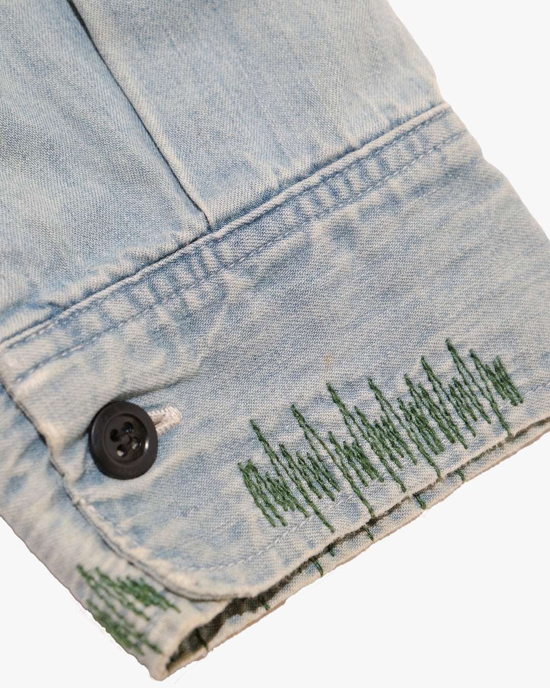 Japanese Repro Long-Sleeve Shirt, L, Sugar Cane, Light Wash Blue Denim with Patches
