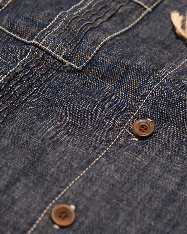 Japanese Repro Short-Sleeve Shirt, M, Aozora, Dark Wash Denim with Pintuck Details