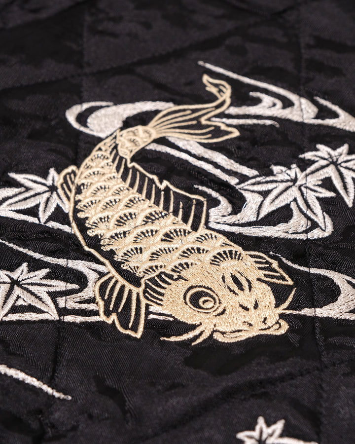 Japanese Repro Souvenir Jacket, XL, Cropped Heads, White and Gold Koi Fish on Black
