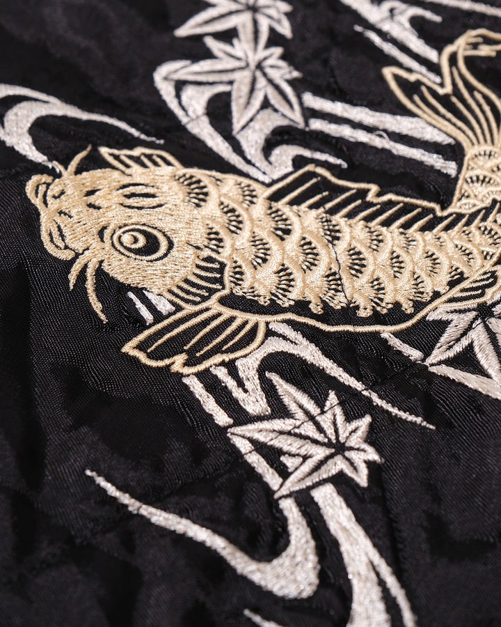 Japanese Repro Souvenir Jacket, XL, Cropped Heads, White and Gold Koi Fish on Black