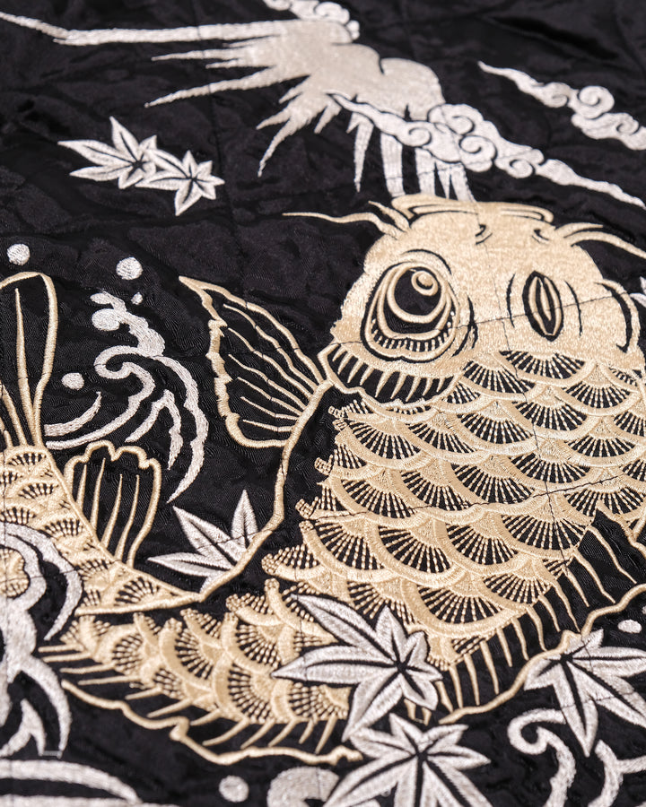 Japanese Repro Souvenir Jacket, XL, Cropped Heads, White and Gold Koi Fish on Black