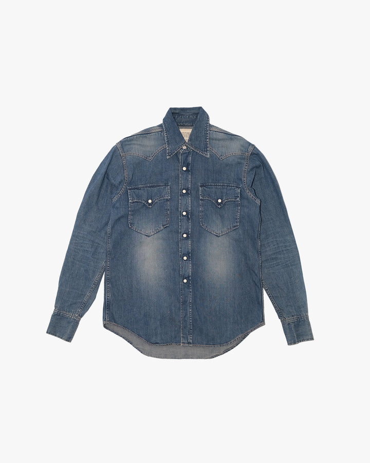 Japanese Repro Long-Sleeve Shirt, M, Fob Factory, Faded Blue Denim with Single Point Pockets