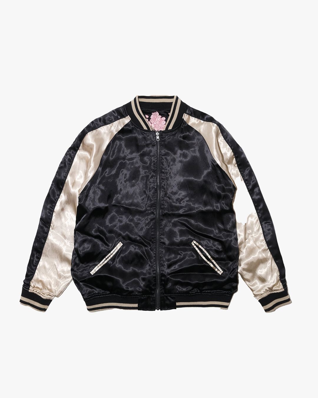 Japanese Repro Souvenir Jacket, Reversible, XL, Karakuri, Dragon with Pink Sakura on Black