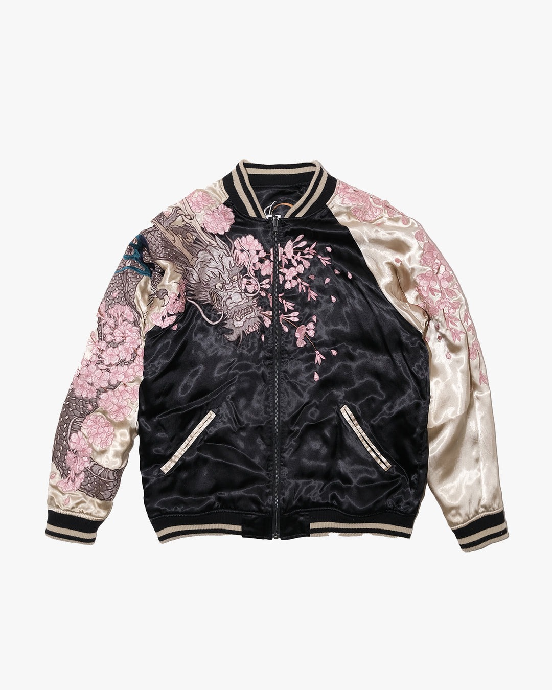 Japanese Repro Souvenir Jacket, Reversible, XL, Karakuri, Dragon with Pink Sakura on Black