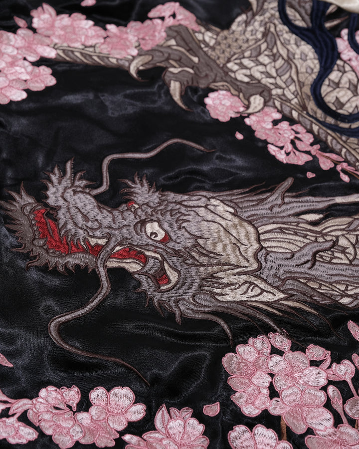 Japanese Repro Souvenir Jacket, Reversible, XL, Karakuri, Dragon with Pink Sakura on Black