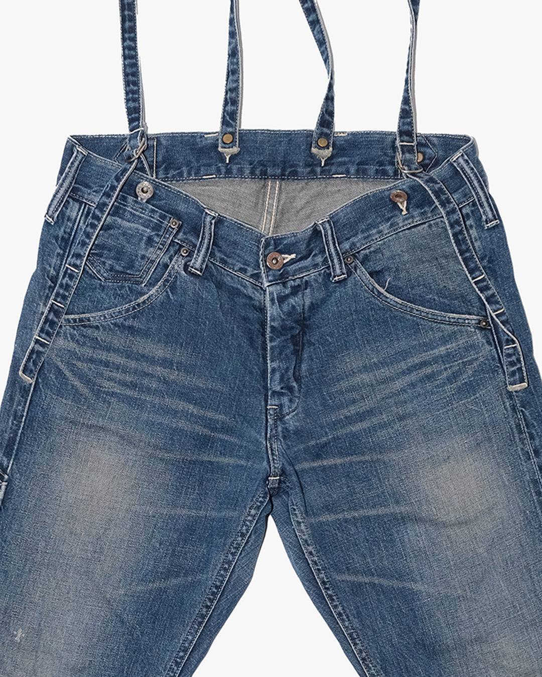 Japanese Repro Denim Jeans with Suspenders, W32, Johnbull Faded Denim