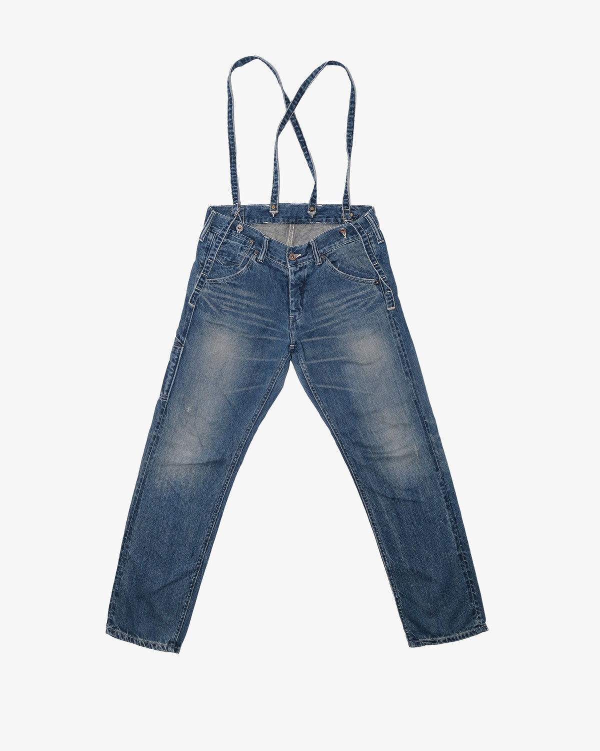 Japanese Repro Denim Jeans with Suspenders, W32, Johnbull Faded Denim