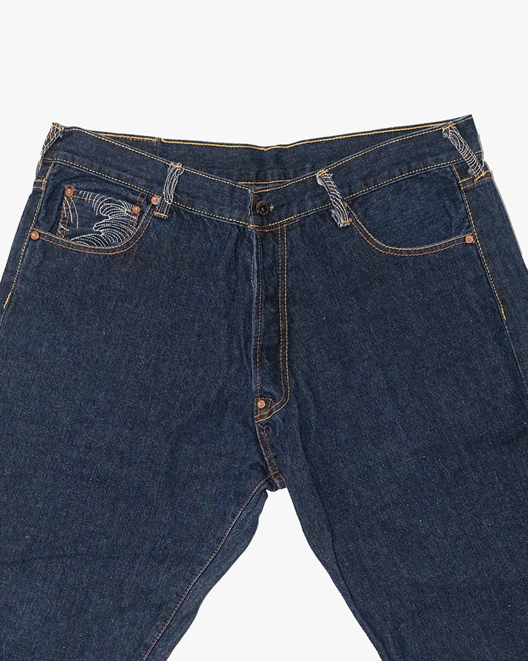Japanese Repro Denim Jeans, 38, Red Monkey, Dark Wash/Embroidered Wind God Thunder God