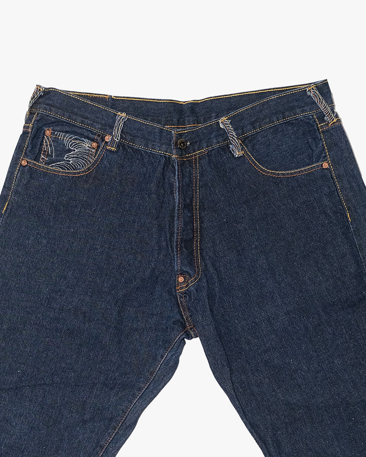 Japanese Repro Denim Jeans, 38, Red Monkey, Dark Wash/Embroidered Wind God Thunder God