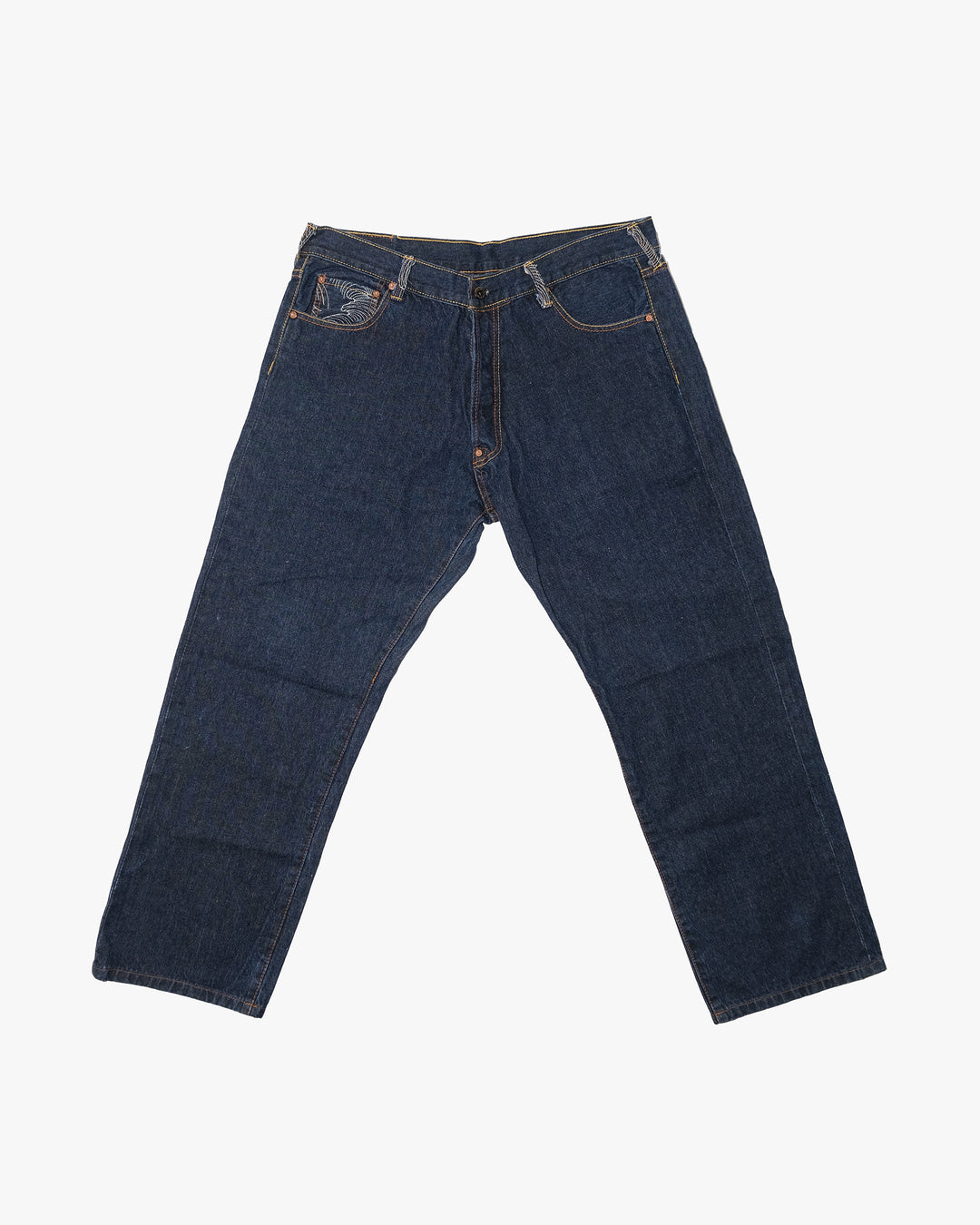 Japanese Repro Denim Jeans, 38, Red Monkey, Dark Wash/Embroidered Wind God Thunder God