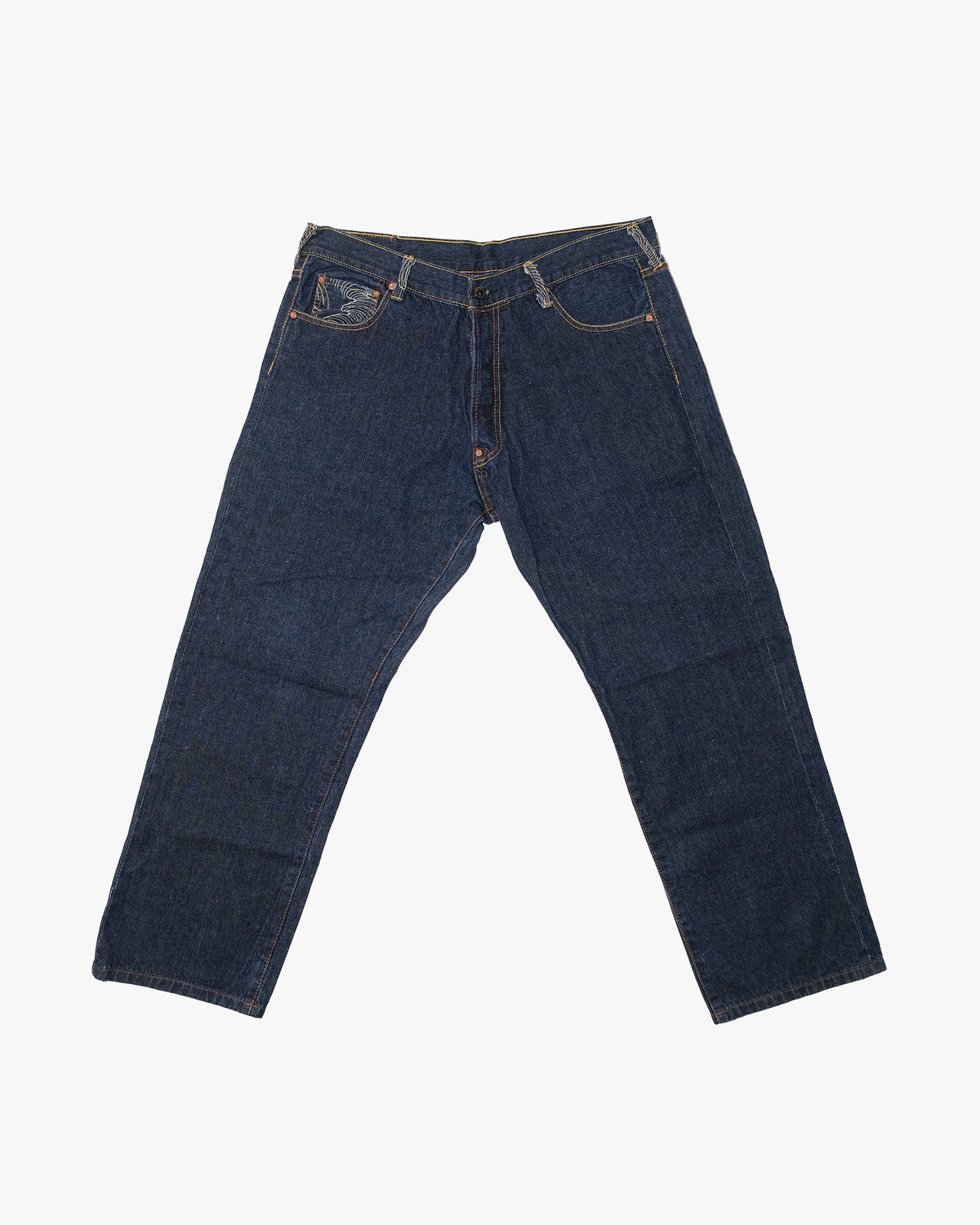 Japanese Repro Denim Jeans, 38, Red Monkey, Dark Wash/Embroidered Wind God Thunder God