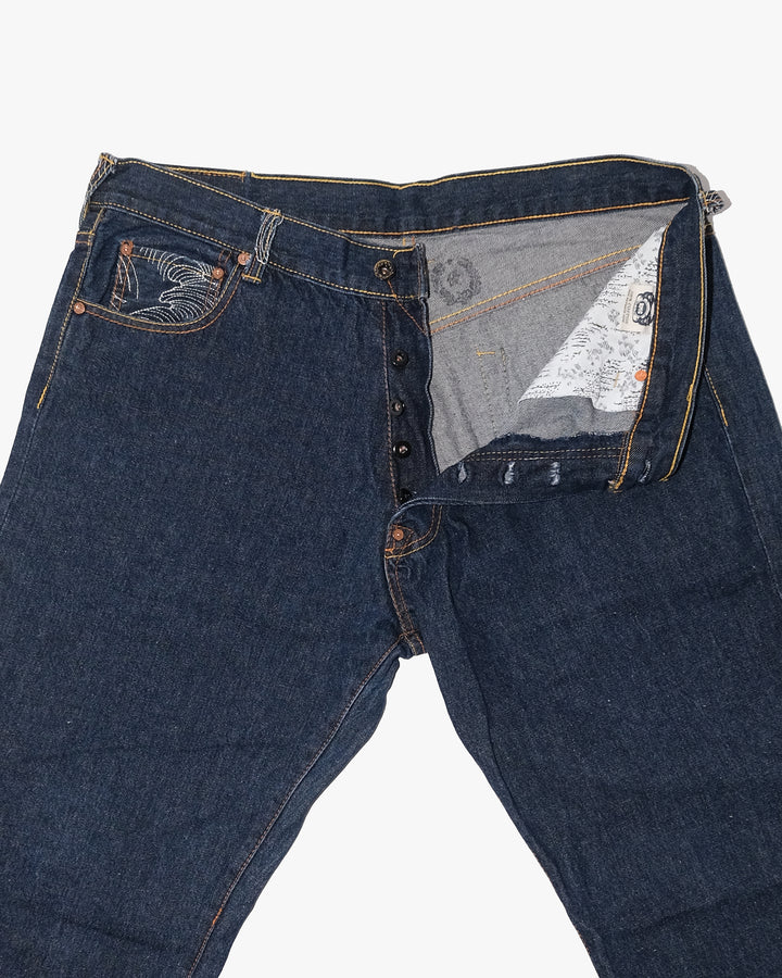 Japanese Repro Denim Jeans, 38, Red Monkey, Dark Wash/Embroidered Wind God Thunder God