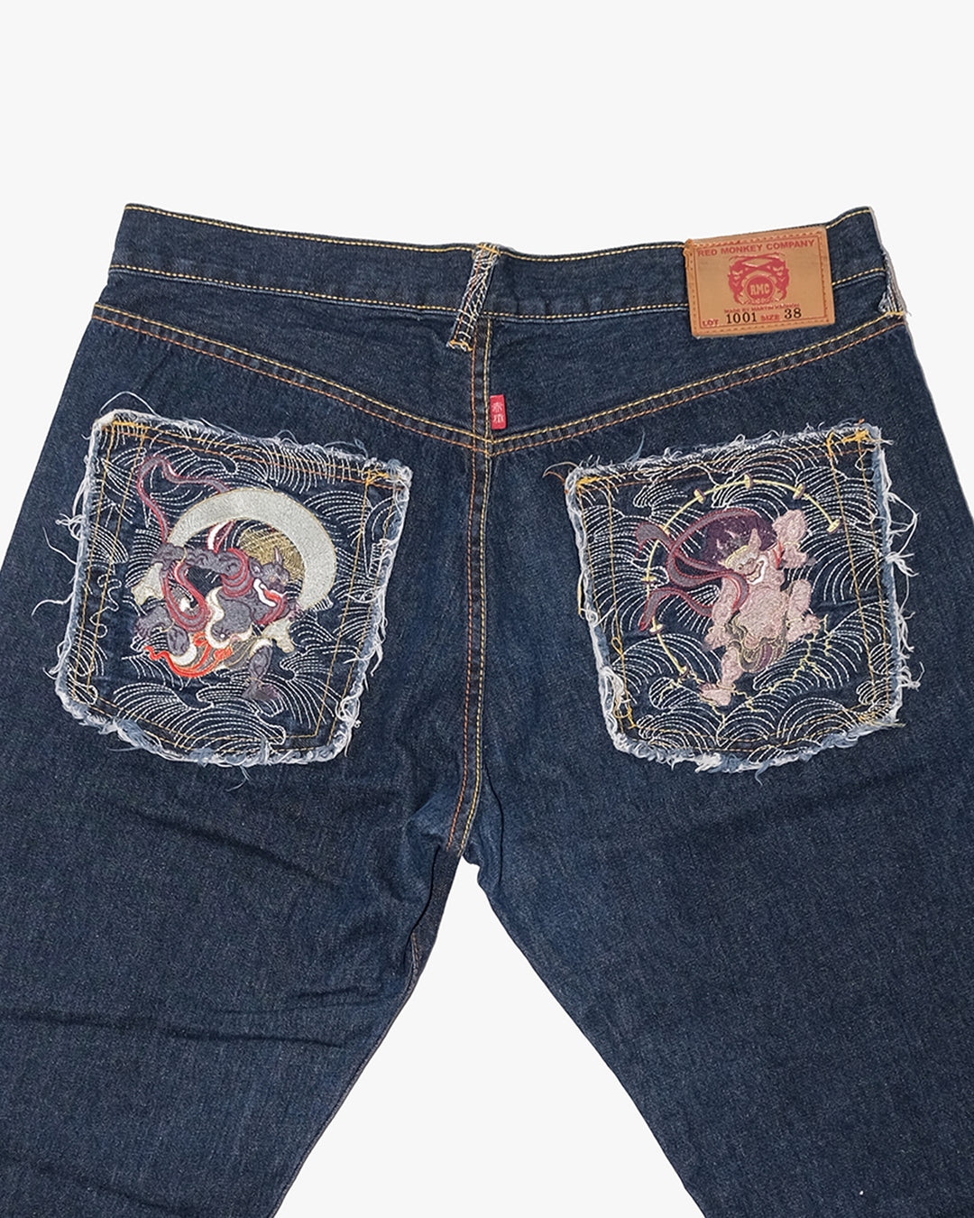 Japanese Repro Denim Jeans, 38, Red Monkey, Dark Wash/Embroidered Wind God Thunder God