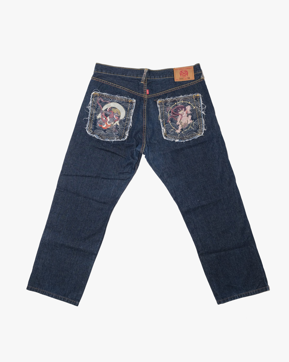 Japanese Repro Denim Jeans, 38, Red Monkey, Dark Wash/Embroidered Wind God Thunder God