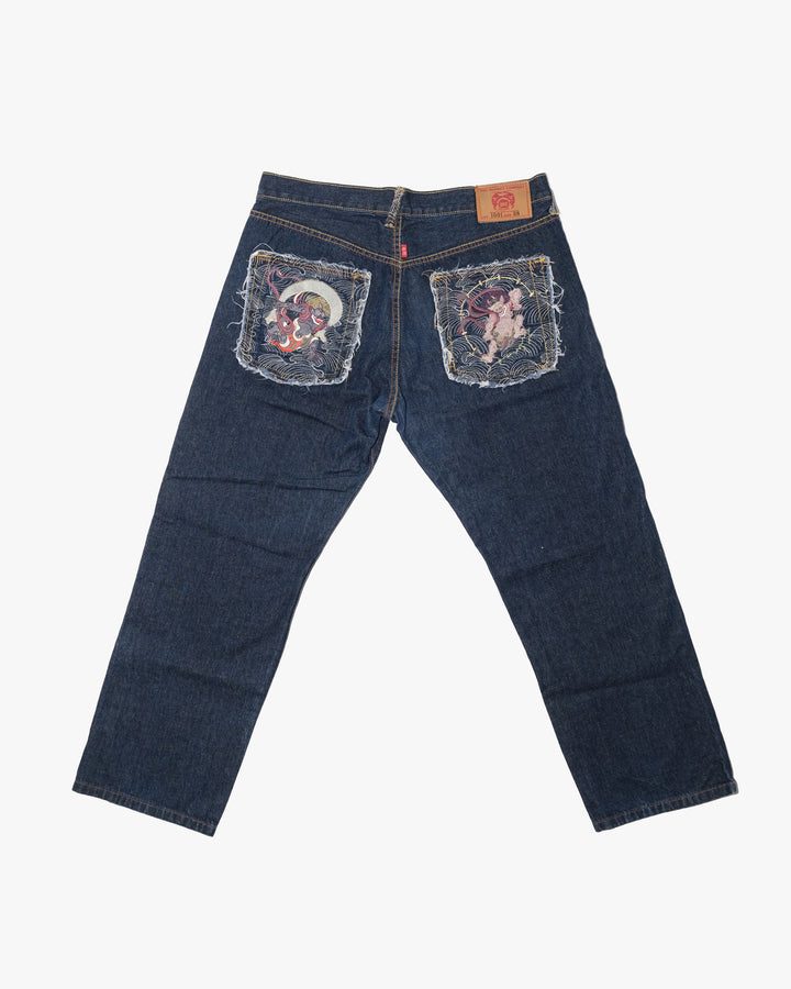 Japanese Repro Denim Jeans, 38, Red Monkey, Dark Wash/Embroidered Wind God Thunder God