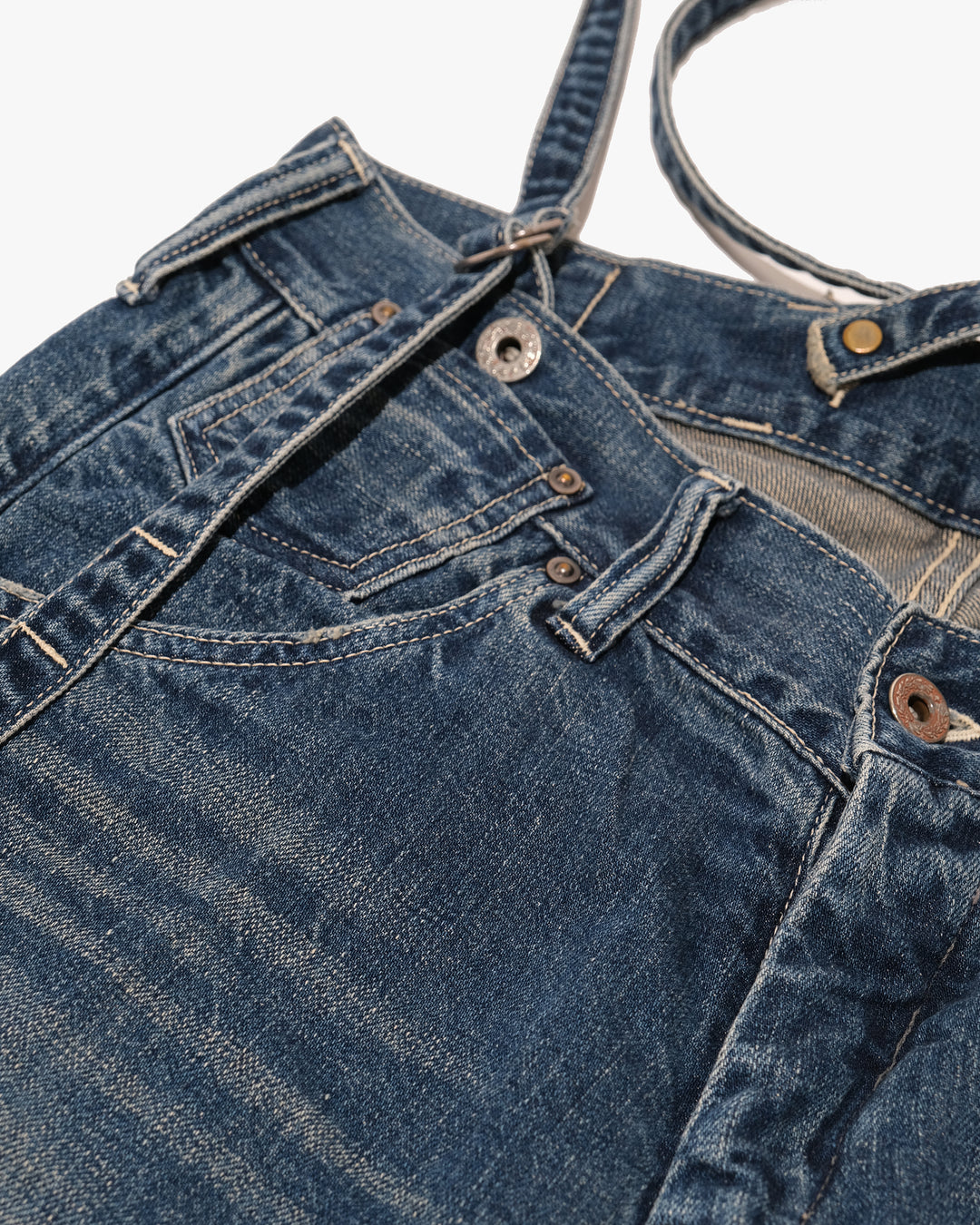 Japanese Repro Denim Jeans with Suspenders, W32, Johnbull Faded Denim