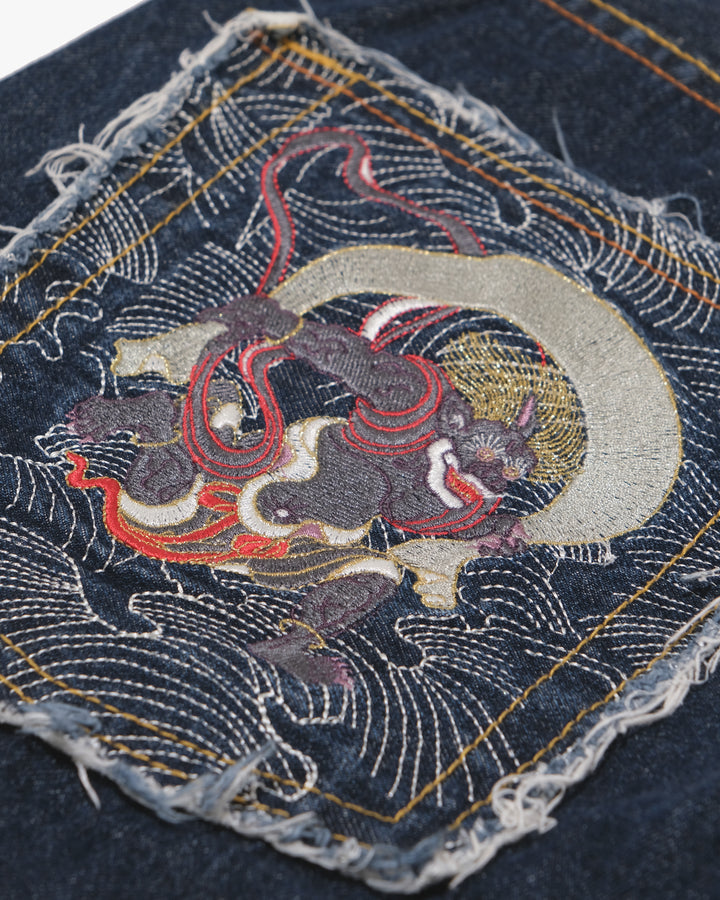 Japanese Repro Denim Jeans, 38, Red Monkey, Dark Wash/Embroidered Wind God Thunder God