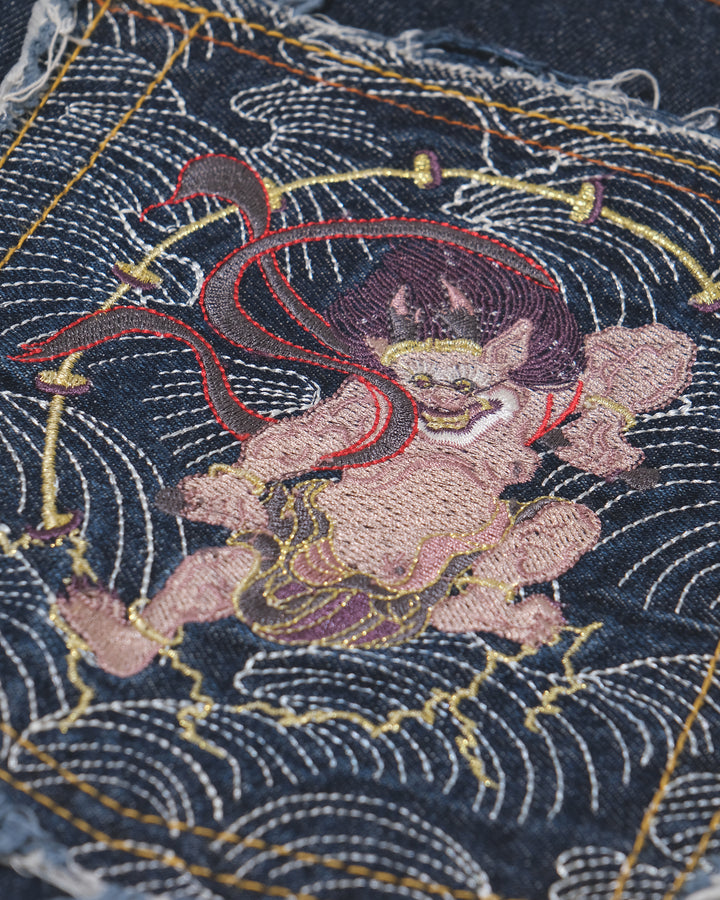 Japanese Repro Denim Jeans, 38, Red Monkey, Dark Wash/Embroidered Wind God Thunder God