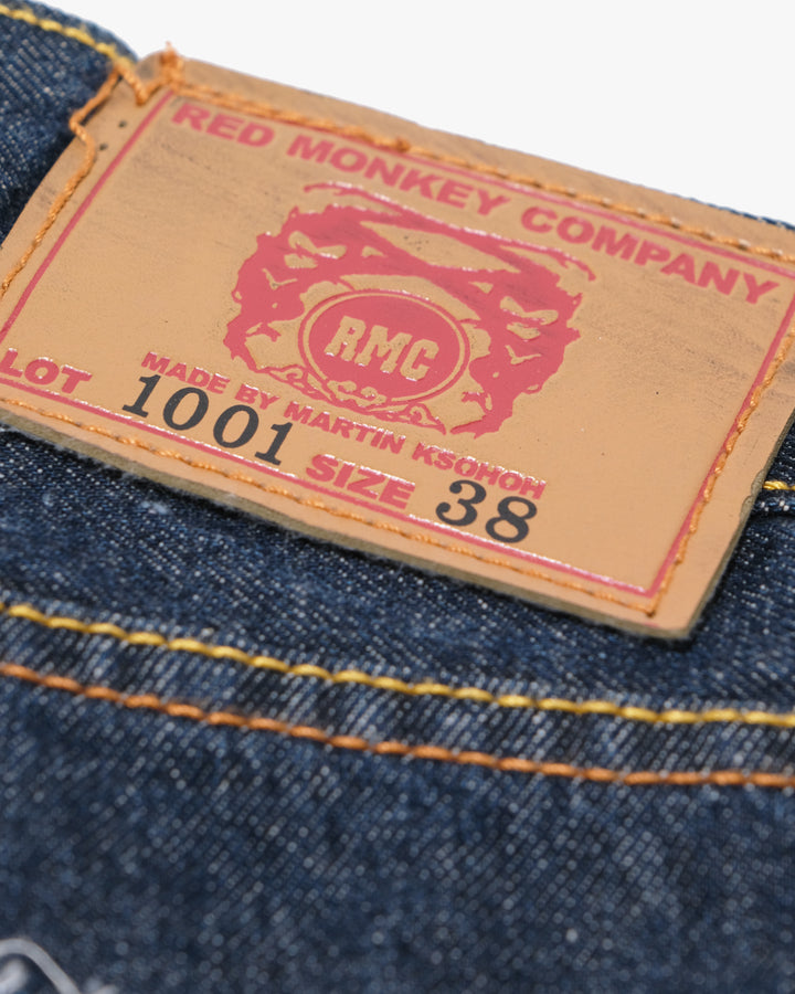 Japanese Repro Denim Jeans, 38, Red Monkey, Dark Wash/Embroidered Wind God Thunder God