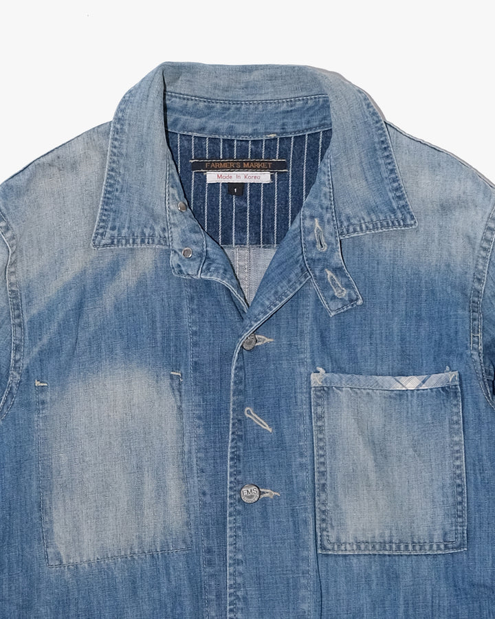 Japanese Repro Denim Coverall, M, Farmers Market, Light Wash Blue with Elbow Patches