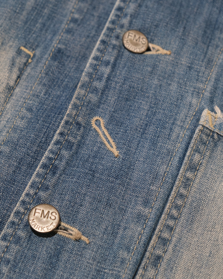 Japanese Repro Denim Coverall, M, Farmers Market, Light Wash Blue with Elbow Patches