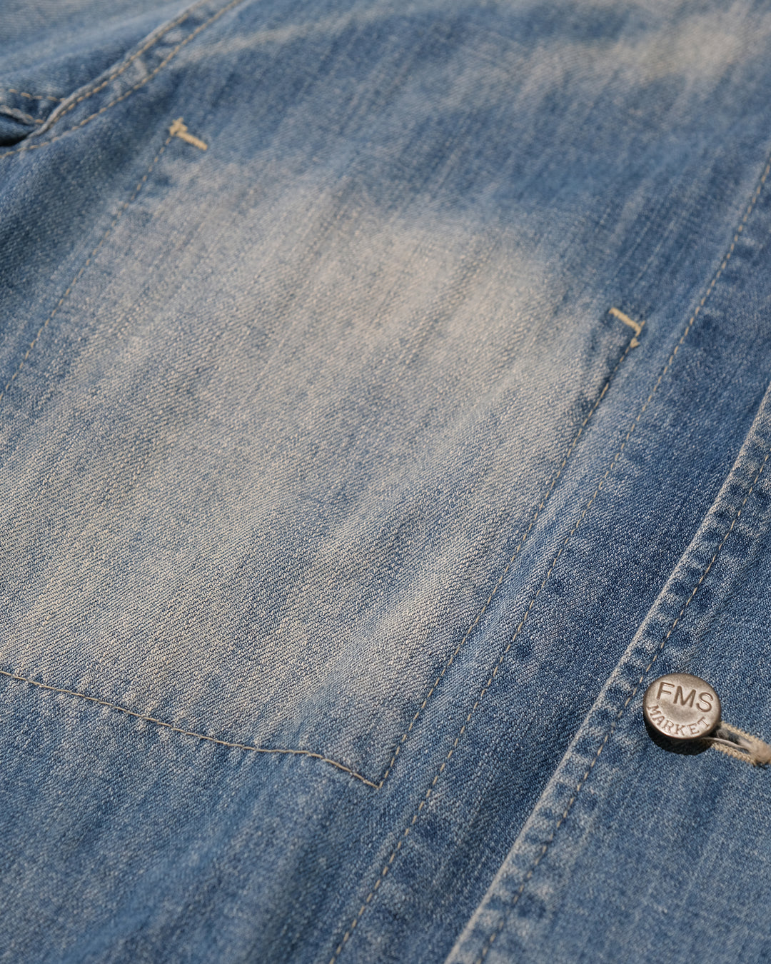 Japanese Repro Denim Coverall, M, Farmers Market, Light Wash Blue with Elbow Patches