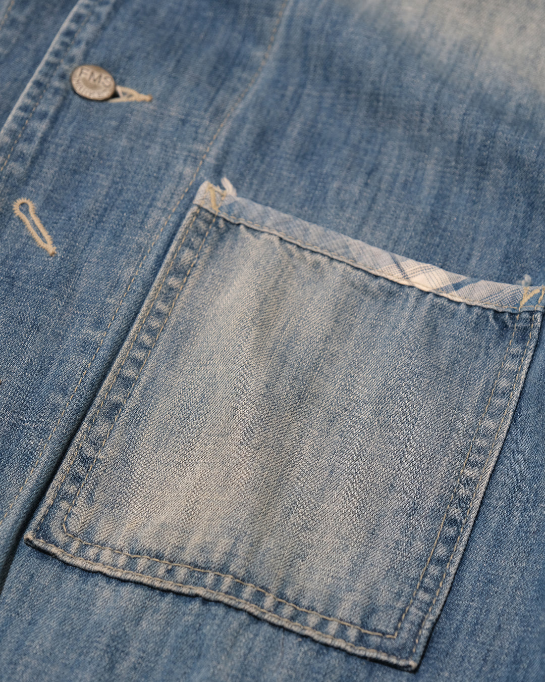 Japanese Repro Denim Coverall, M, Farmers Market, Light Wash Blue with Elbow Patches