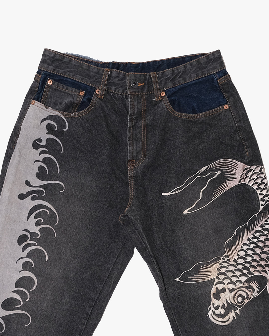 Japanese Repro Denim Jeans, W34, Hanatabi, Print Wave Embroidered Koi