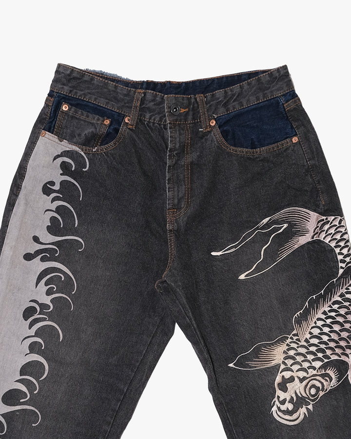 Japanese Repro Denim Jeans, W34, Hanatabi, Print Wave Embroidered Koi