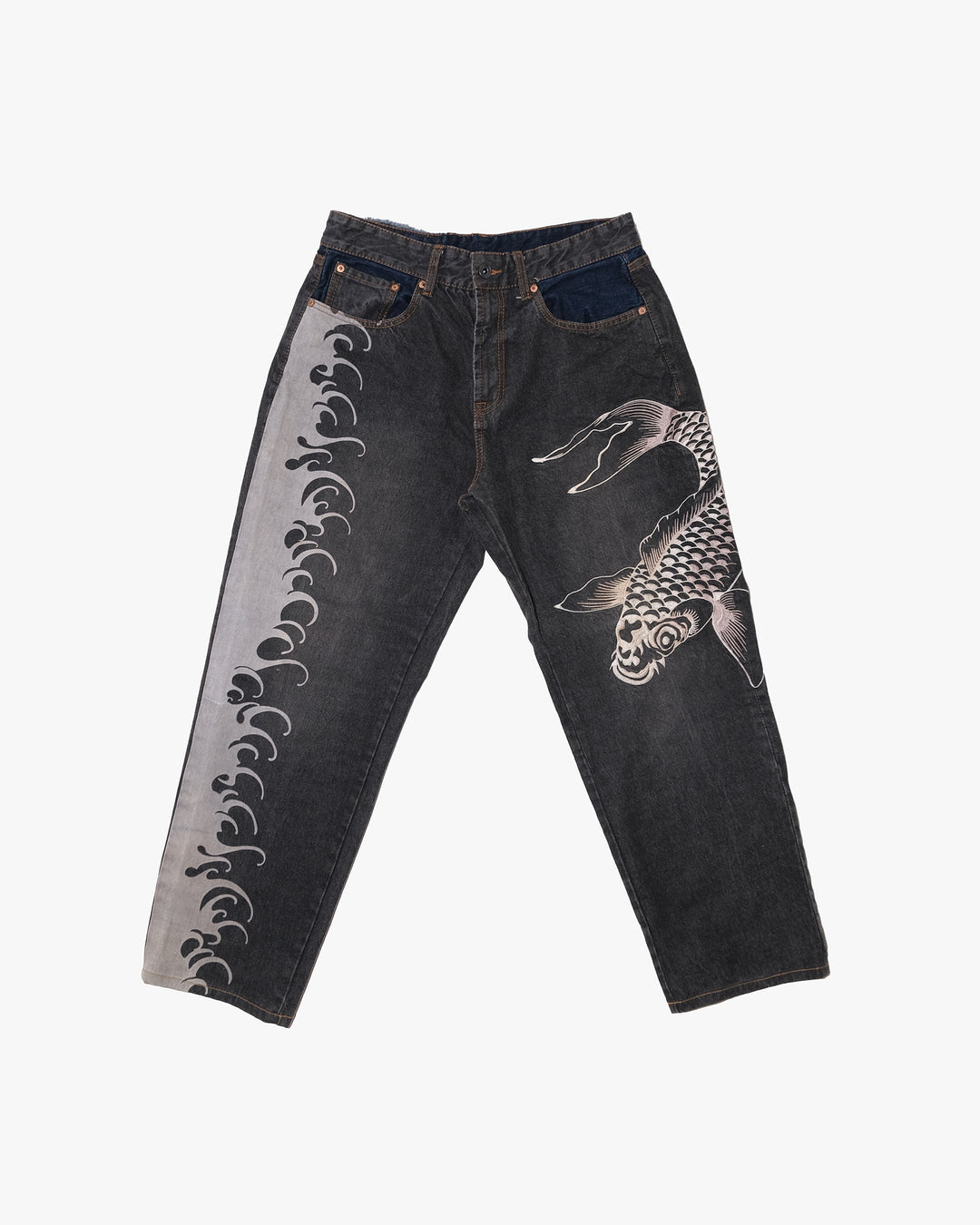 Japanese Repro Denim Jeans, W34, Hanatabi, Print Wave Embroidered Koi