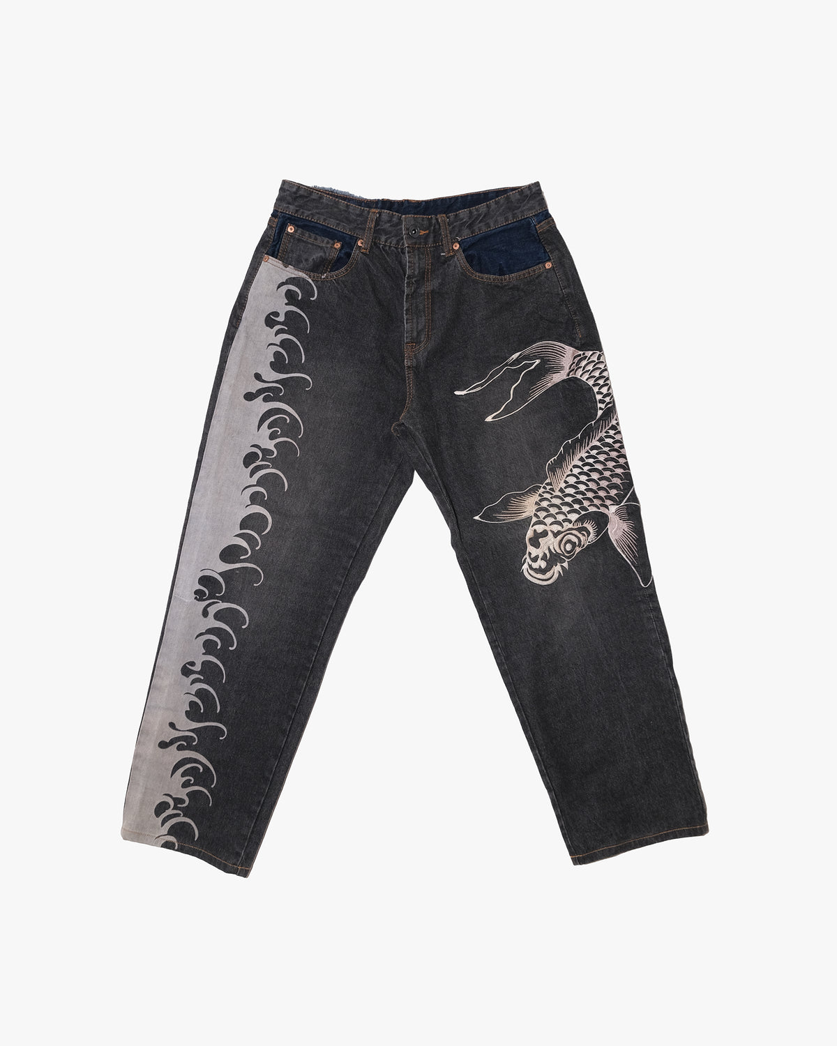 Japanese Repro Denim Jeans, W34, Hanatabi, Print Wave Embroidered Koi