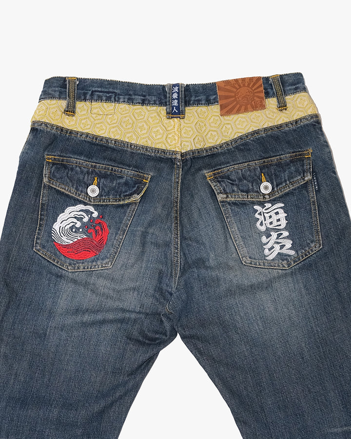 Japanese Repro Denim Jeans, XL, Namitatsu, Wave Embroidery